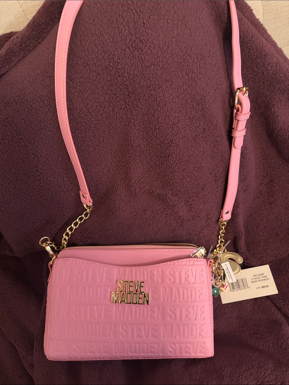 Steve Madden Pink Embossed Logo Crossbody with Gold Hardware